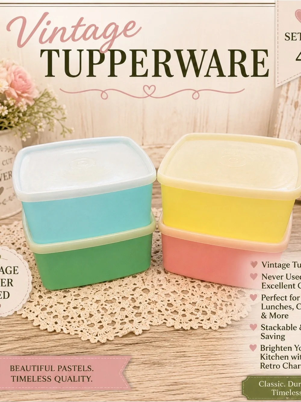 Tupperware Pastel Storage Quartet - Blue Green Yellow Pink